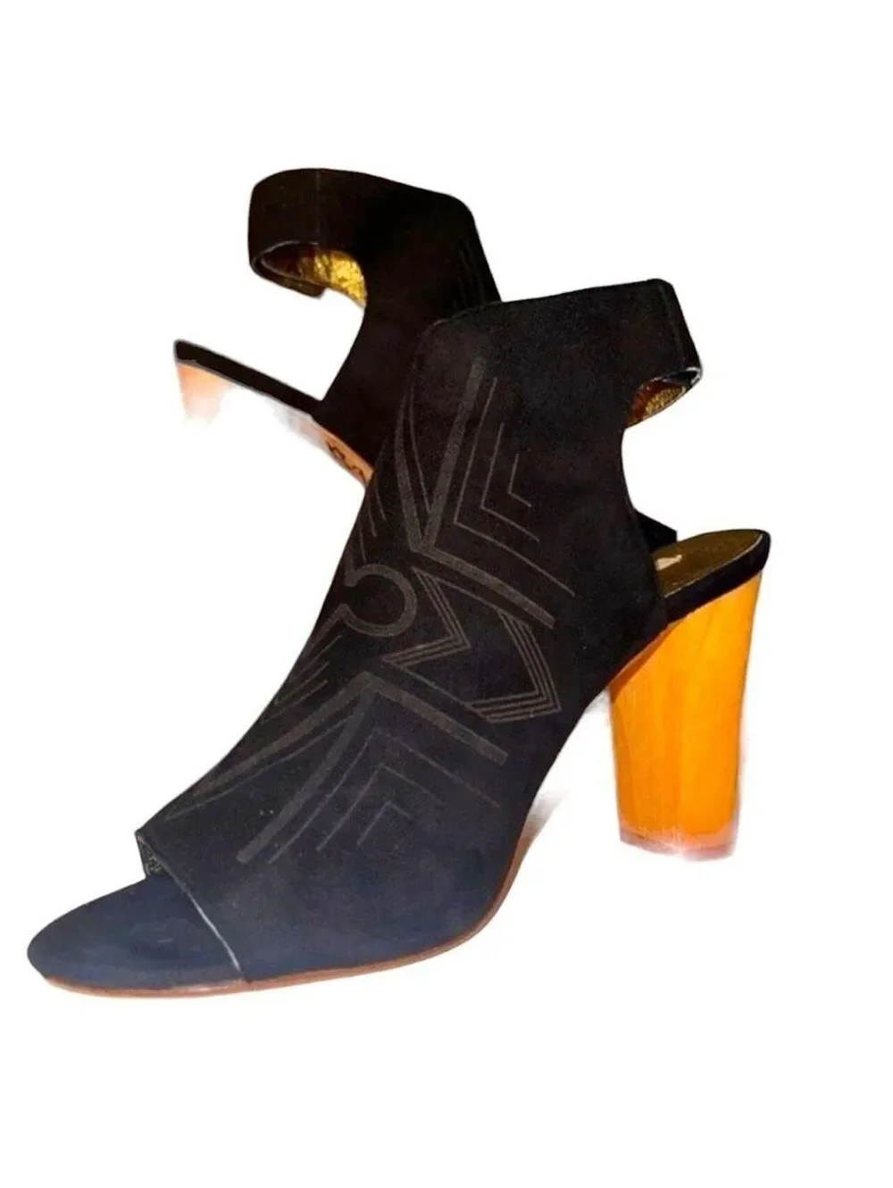 Cynthia Vincent Black Suede Geometric Embroidered Wood Block Heel Sandals sz 8.5
